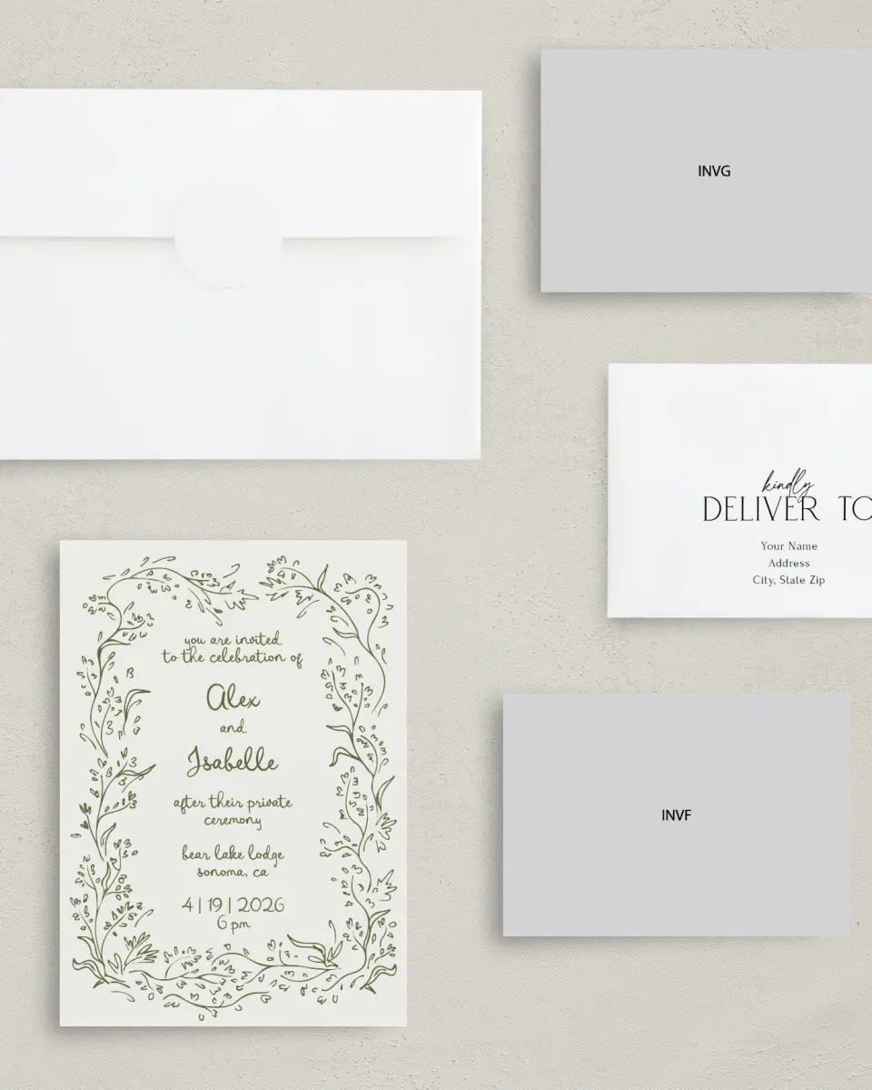 This is a 5" x 7" Reception-Only - CP called Sweet Woodland printed in full color on Premium Smooth paper