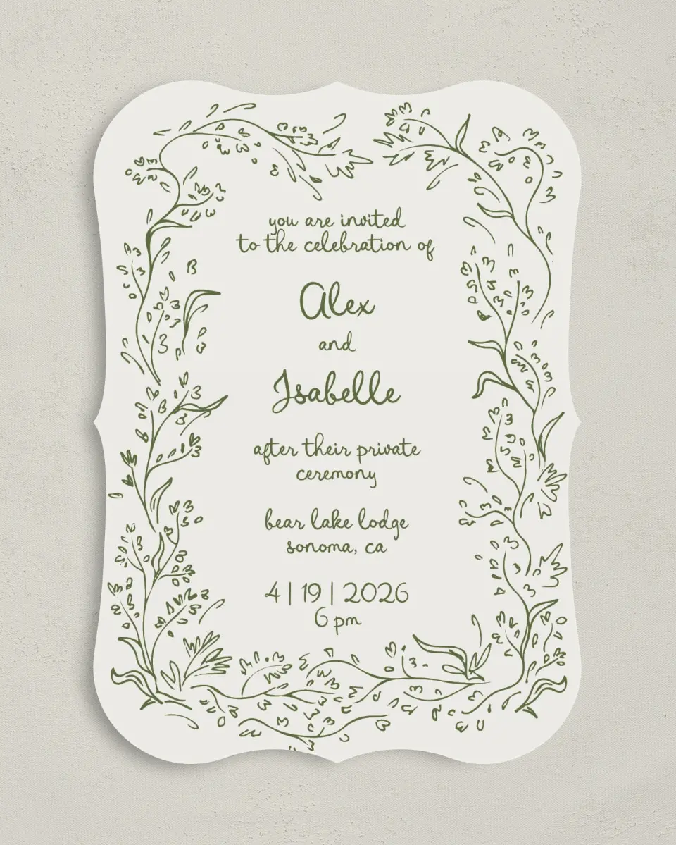 This is a 5" x 7" Reception-Only - CP called Sweet Woodland printed in full color with Silver foil on Luxe Satin (coated) paper