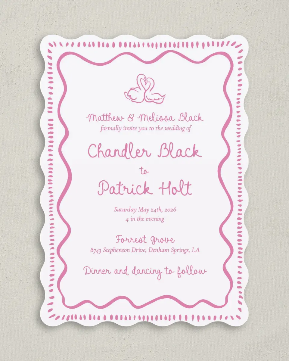 This is a 5" x 7" Wavy Wedding Invitation called Swan Love printed in full color on Premium Smooth paper