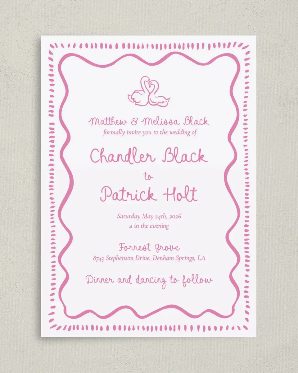 This is a 5" x 7" Classic Wedding Invitation called Swan Love printed in full color on Premium Smooth paper