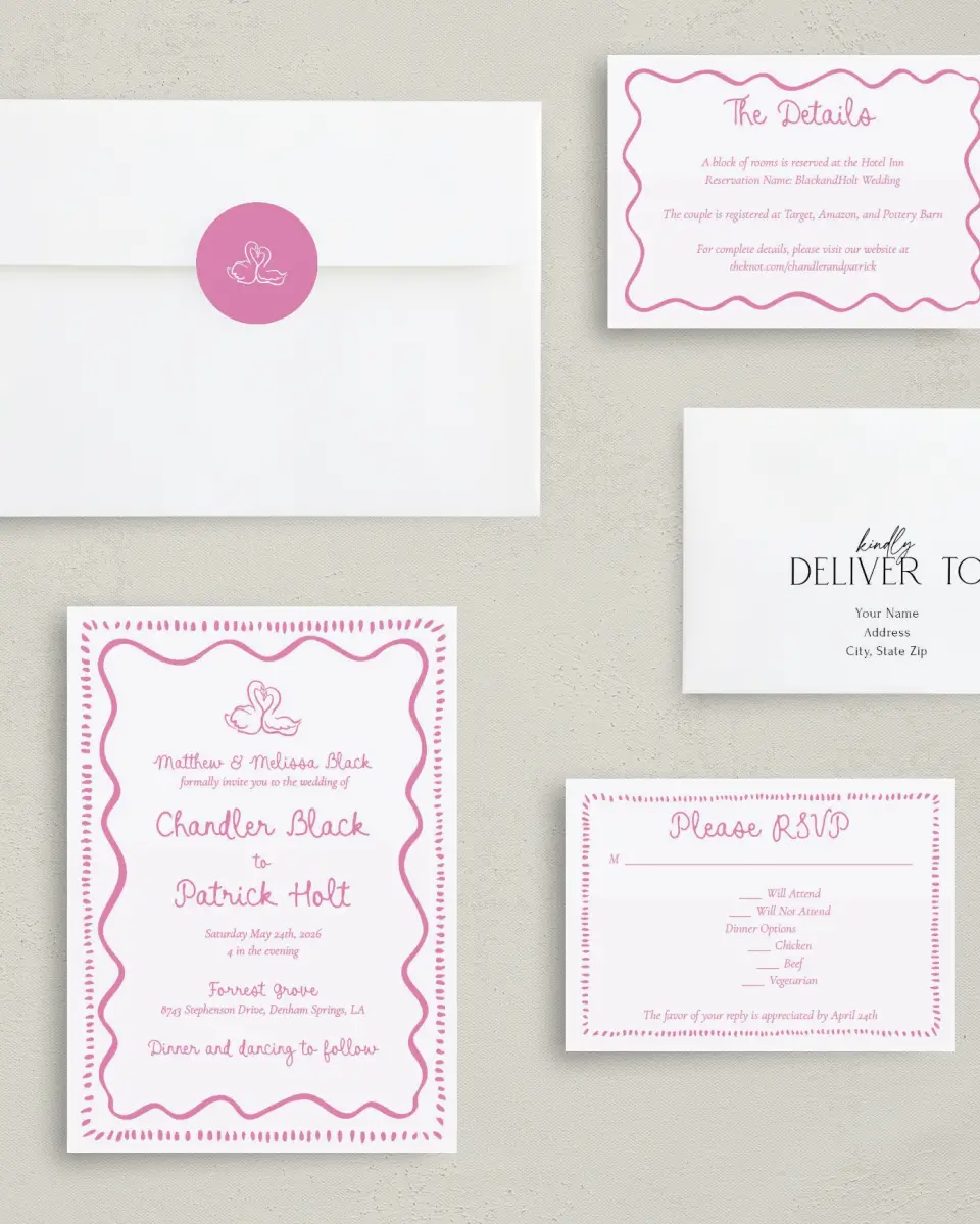 This is a 5" x 7" Classic Wedding Invitation called Swan Love printed in full color on Premium Smooth paper