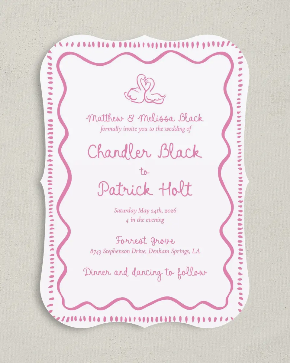 This is a 5" x 7" Bracket Wedding Invitation called Swan Love printed in full color with Silver foil on Luxe Satin (coated) paper