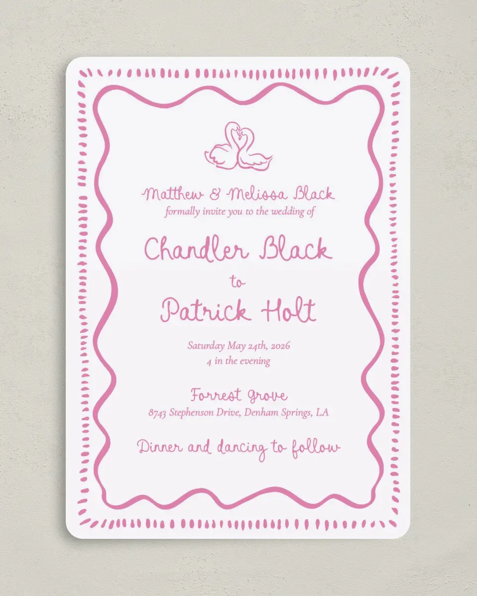 This is a 5" x 7" Rounded Wedding Invitation called Swan Love printed in full color on Premium Smooth paper