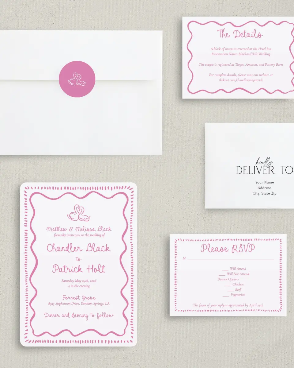 This is a 5" x 7" Rounded Wedding Invitation called Swan Love printed in full color on Premium Smooth paper