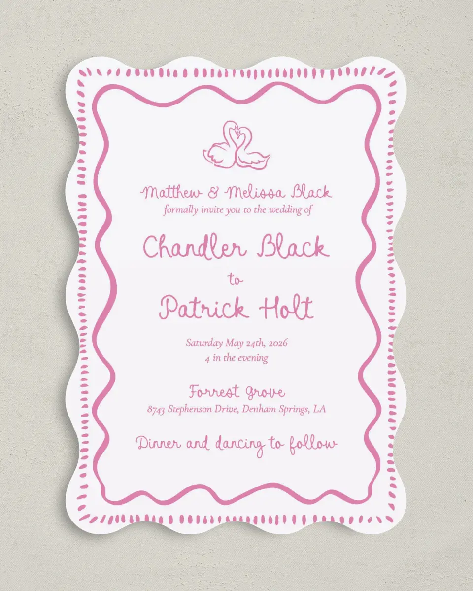 This is a 5" x 7" Wavy Wedding Invitation called Swan Love printed in full color on Premium Smooth paper
