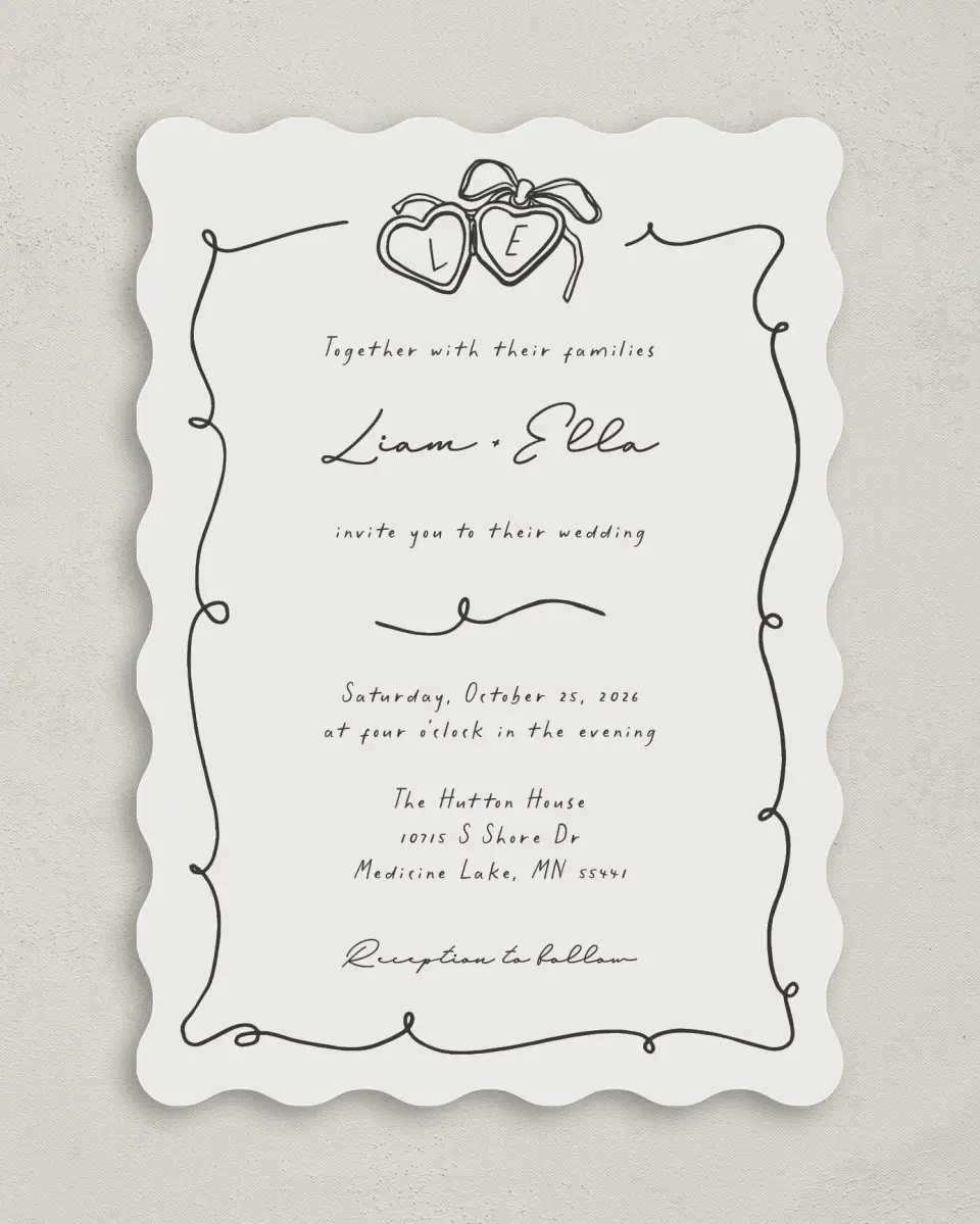 This is a 5" x 7" Wavy Wedding Invitation called Locket of Love printed in full color on Premium Smooth paper