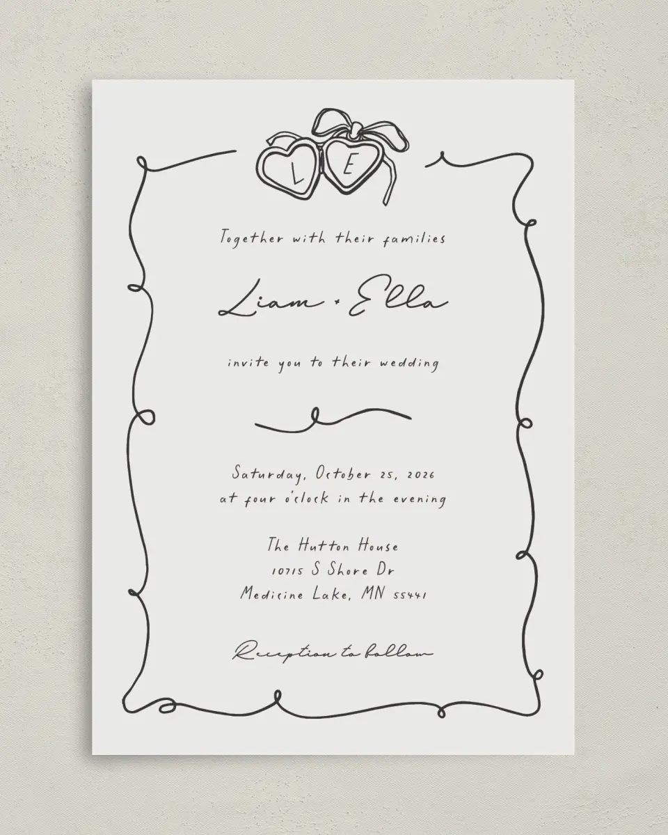 This is a 5" x 7" Classic Wedding Invitation called Locket of Love printed in full color on Premium Smooth paper