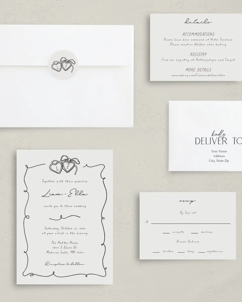 This is a 5" x 7" Classic Wedding Invitation called Locket of Love printed in full color with Silver foil on Luxe Satin (coated) paper