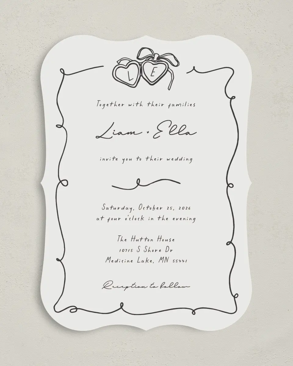 This is a 5" x 7" Bracket Wedding Invitation called Locket of Love printed in full color with Silver foil on Luxe Satin (coated) paper
