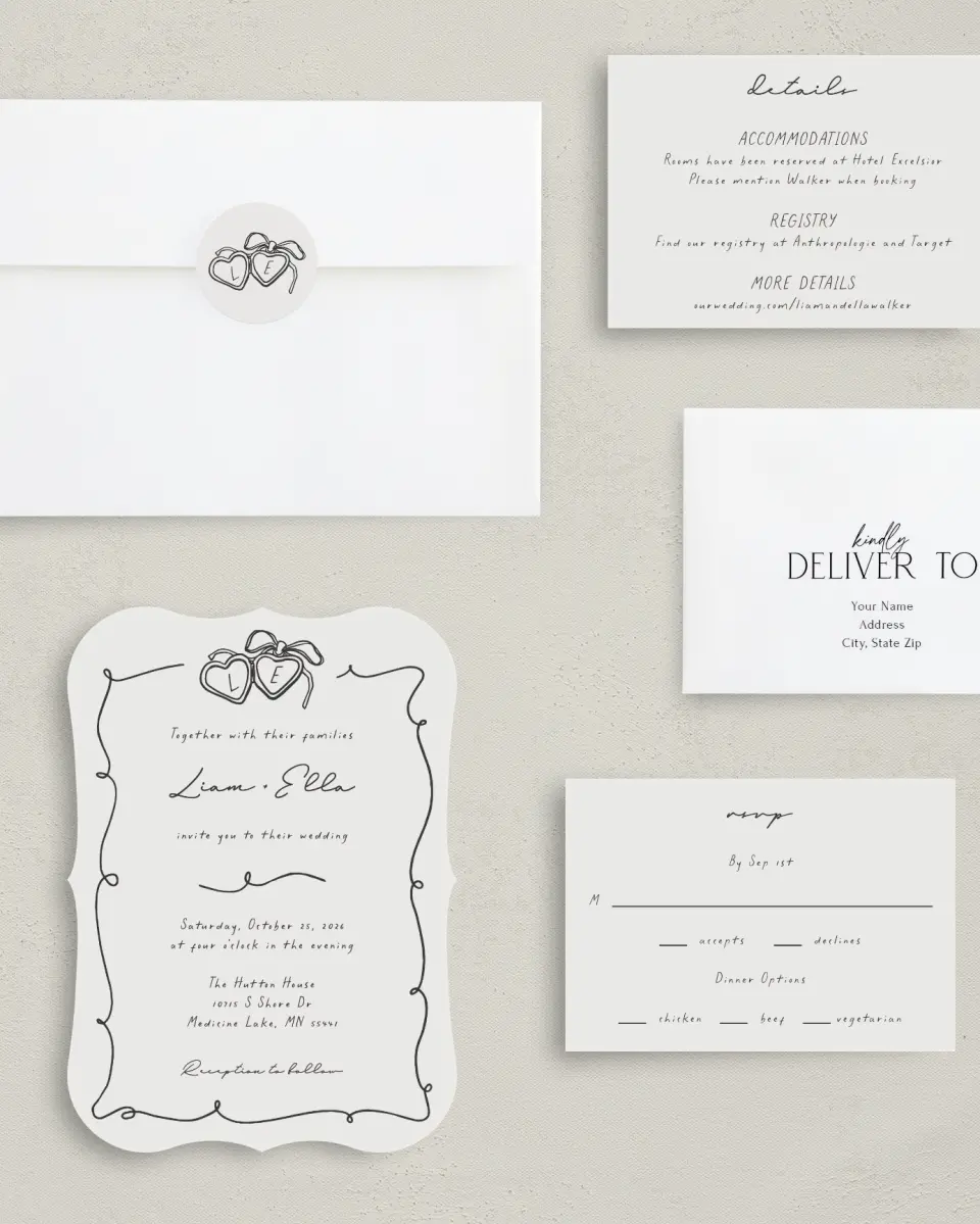 This is a 5" x 7" Bracket Wedding Invitation called Locket of Love printed in full color with Silver foil on Luxe Satin (coated) paper
