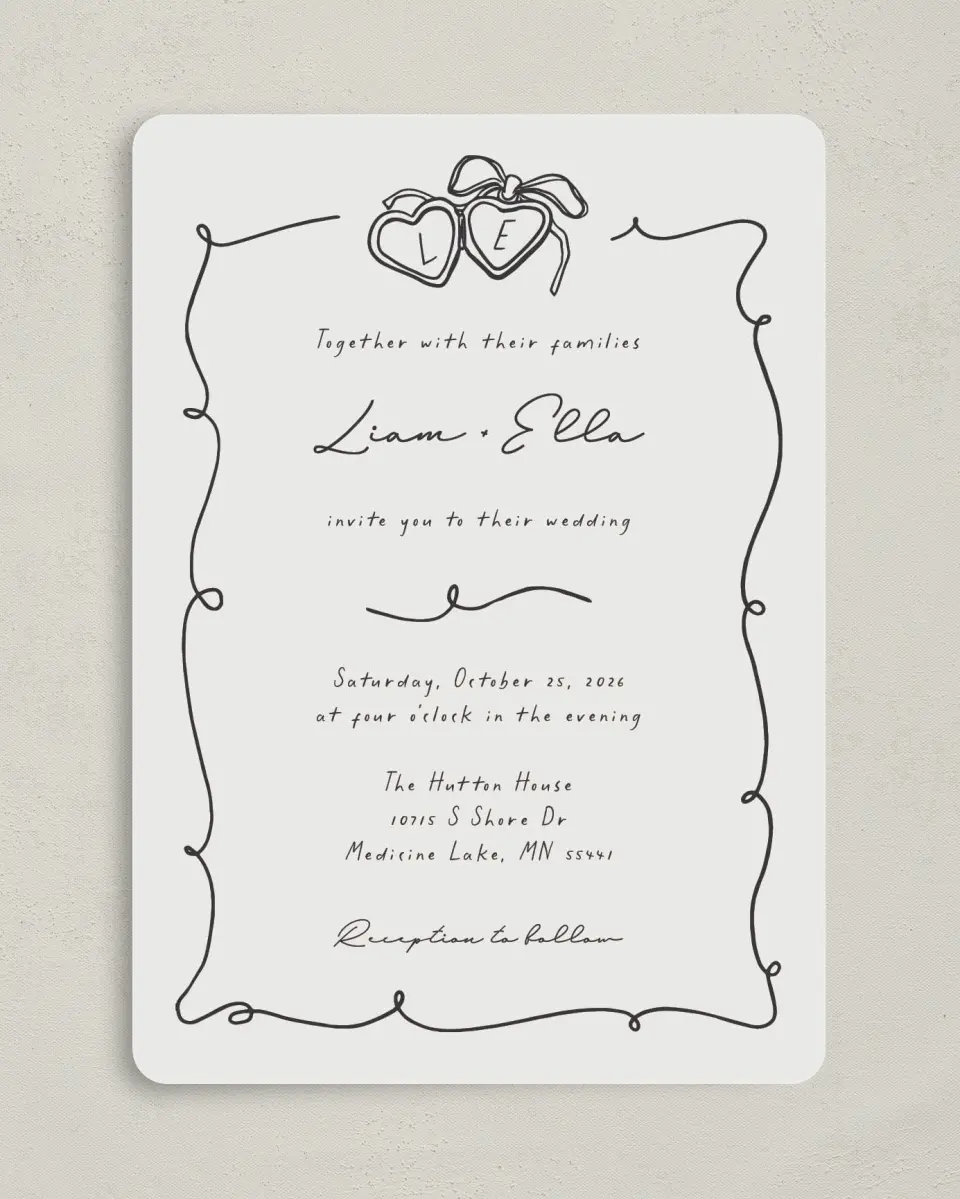 This is a 5" x 7" Rounded Wedding Invitation called Locket of Love printed in full color on Premium Smooth paper