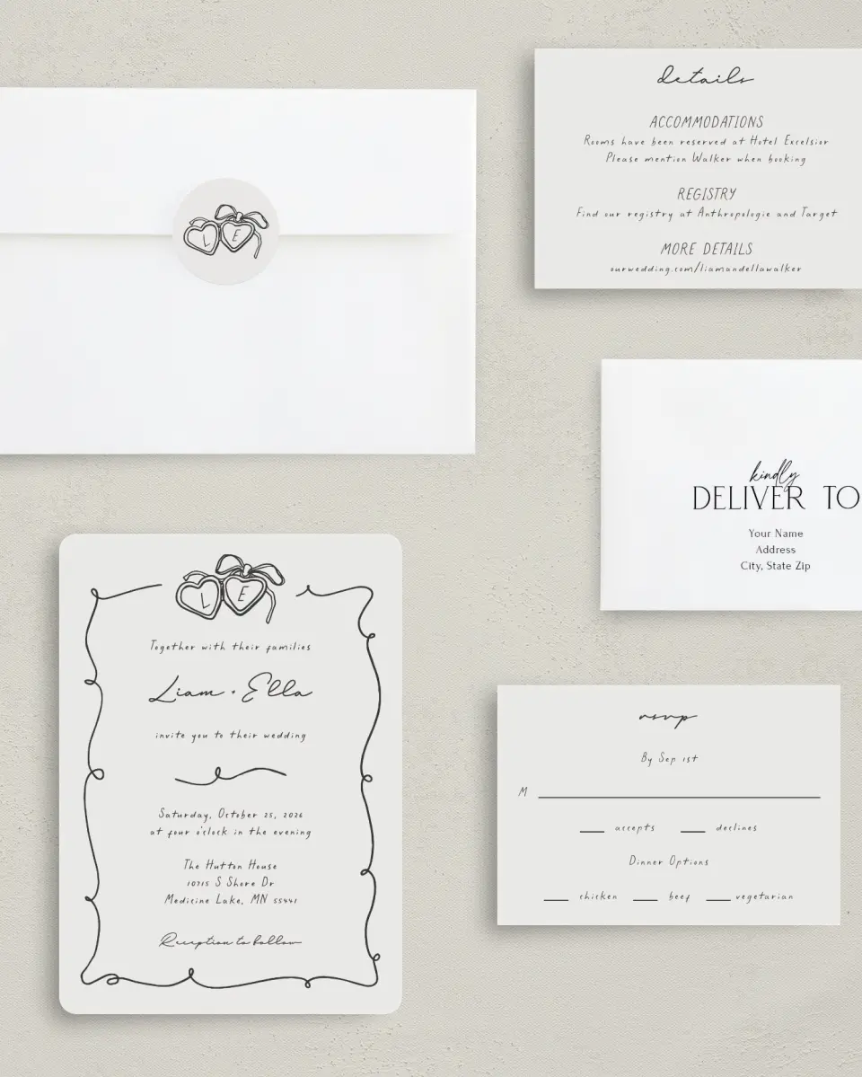 This is a 5" x 7" Rounded Wedding Invitation called Locket of Love printed in full color with Silver foil on Luxe Satin (coated) paper