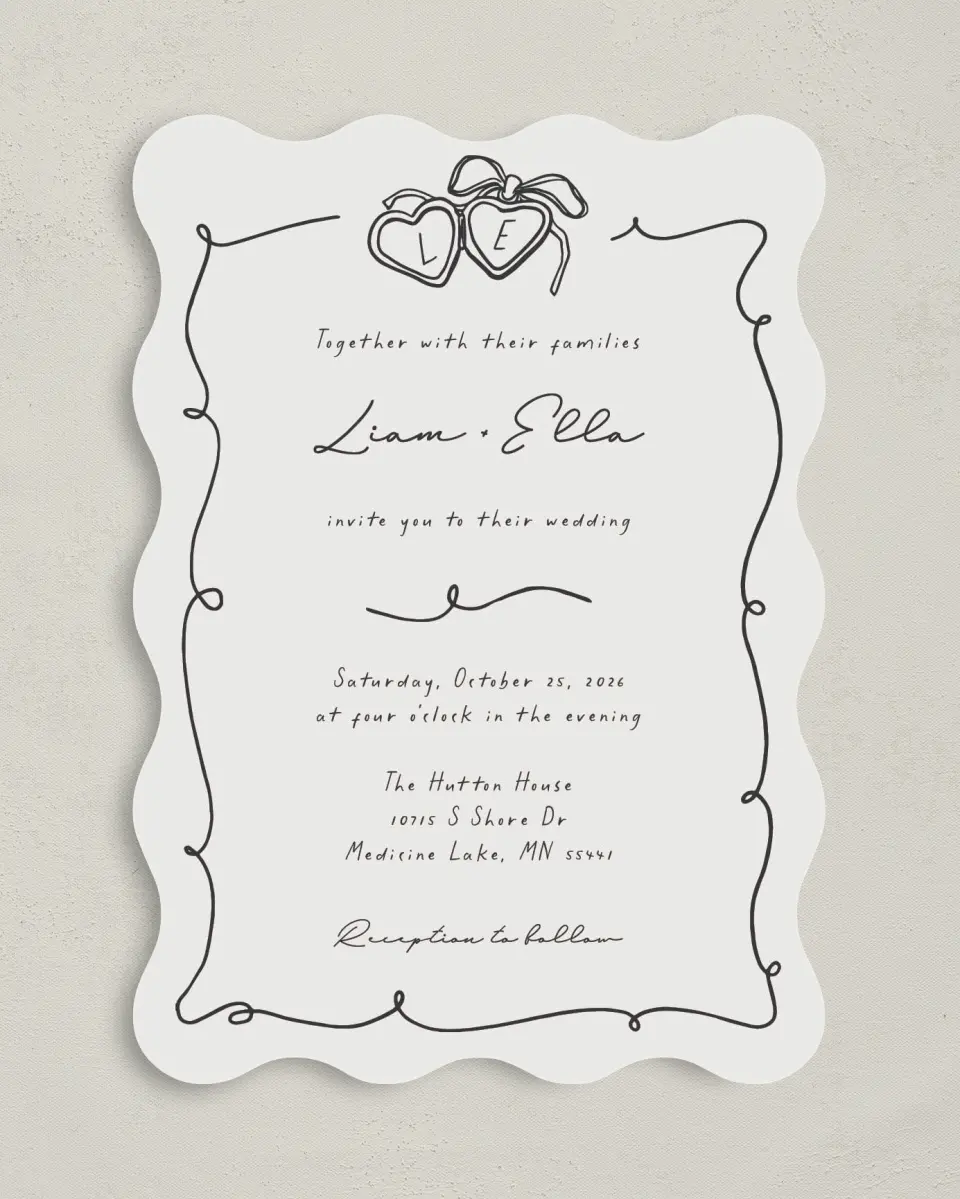 This is a 5" x 7" Wavy Wedding Invitation called Locket of Love printed in full color on Premium Smooth paper