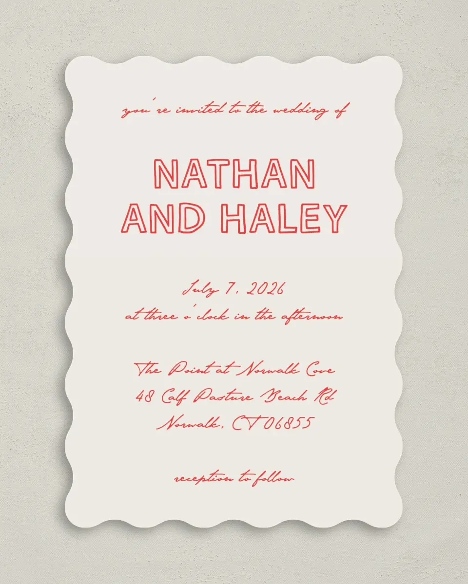 This is a 5" x 7" Wavy Wedding Invitation called Bold & Bright printed in full color on Premium Smooth paper