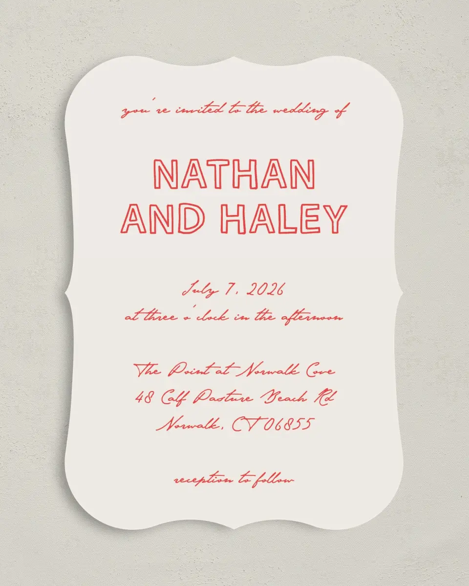This is a 5" x 7" Bracket Wedding Invitation called Bold & Bright printed in full color on Premium Smooth paper