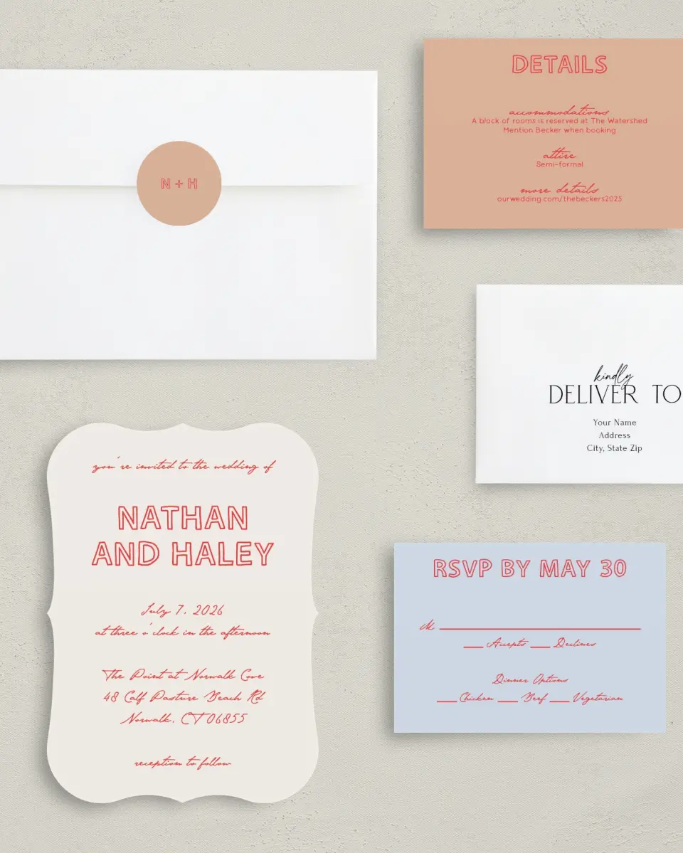 This is a 5" x 7" Bracket Wedding Invitation called Bold & Bright printed in full color with Silver foil on Luxe Satin (coated) paper