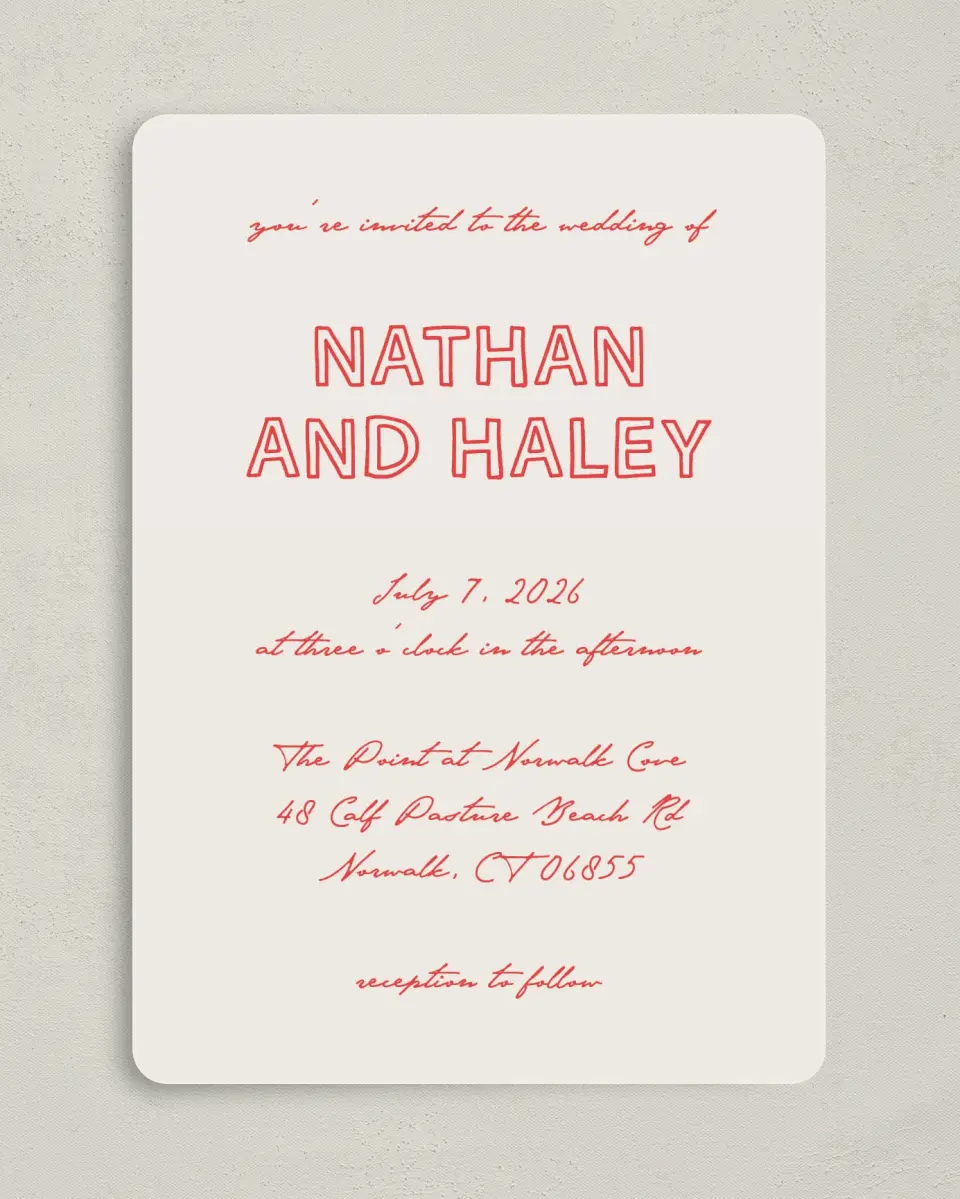 This is a 5" x 7" Rounded Wedding Invitation called Bold & Bright printed in full color on Premium Smooth paper