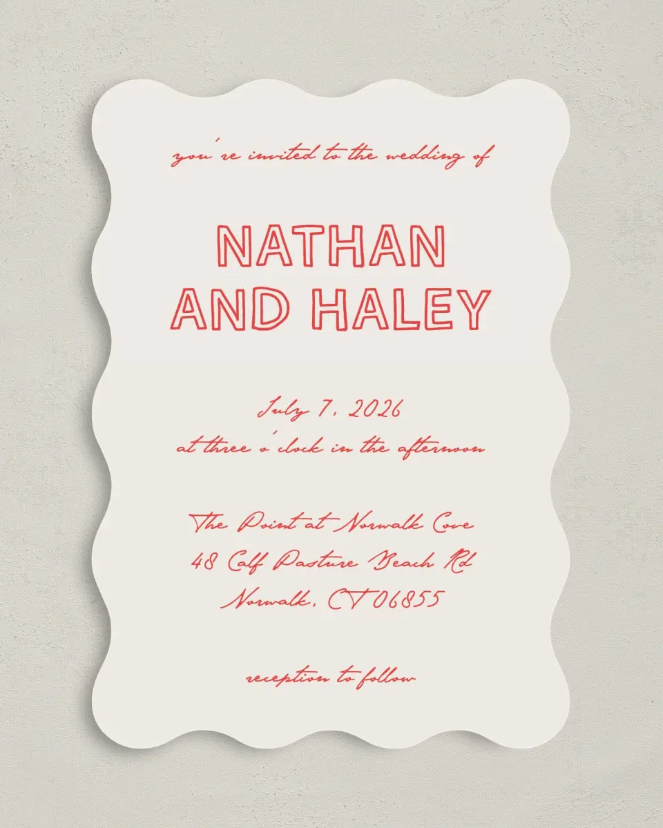 This is a 5" x 7" Wavy Wedding Invitation called Bold & Bright printed in full color on Premium Smooth paper