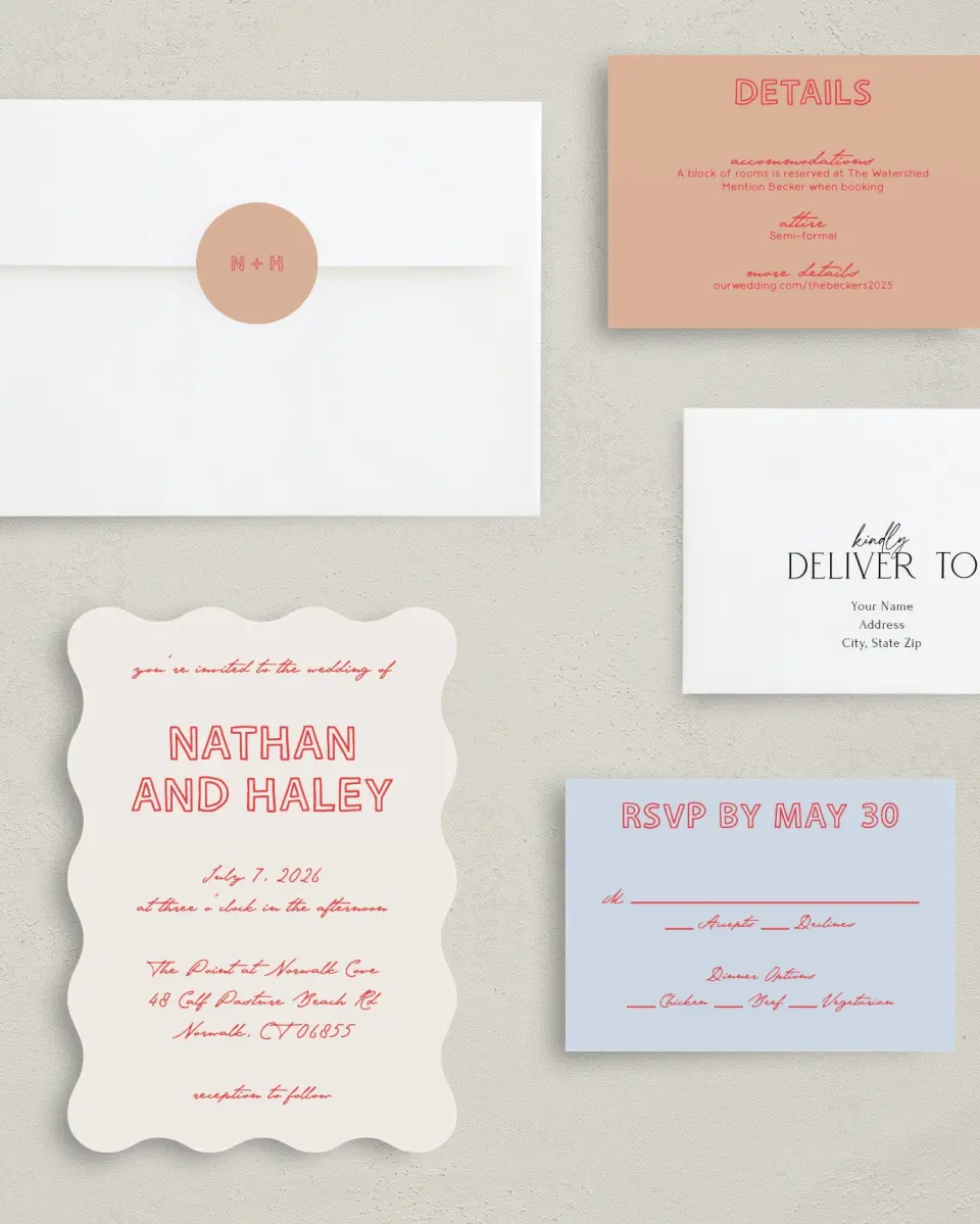This is a 5" x 7" Wavy Wedding Invitation called Bold & Bright printed in full color with Silver foil on Luxe Satin (coated) paper