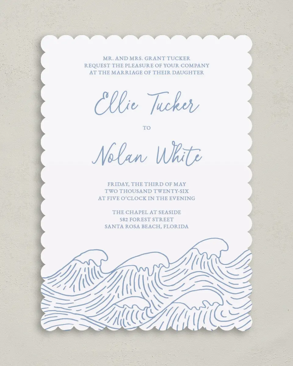 This is a 5" x 7" Classic Wedding Invitation called Wave of Love printed in full color on Premium Smooth paper