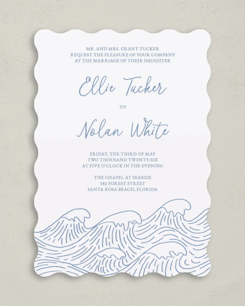 This is a 5" x 7" Wavy Wedding Invitation called Wave of Love printed in full color on Premium Smooth paper