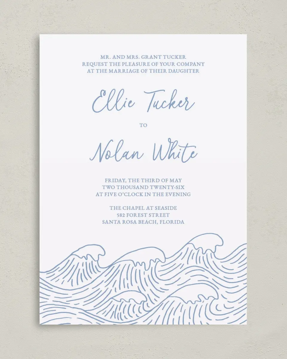 This is a 5" x 7" Classic Wedding Invitation called Wave of Love printed in full color on Premium Smooth paper