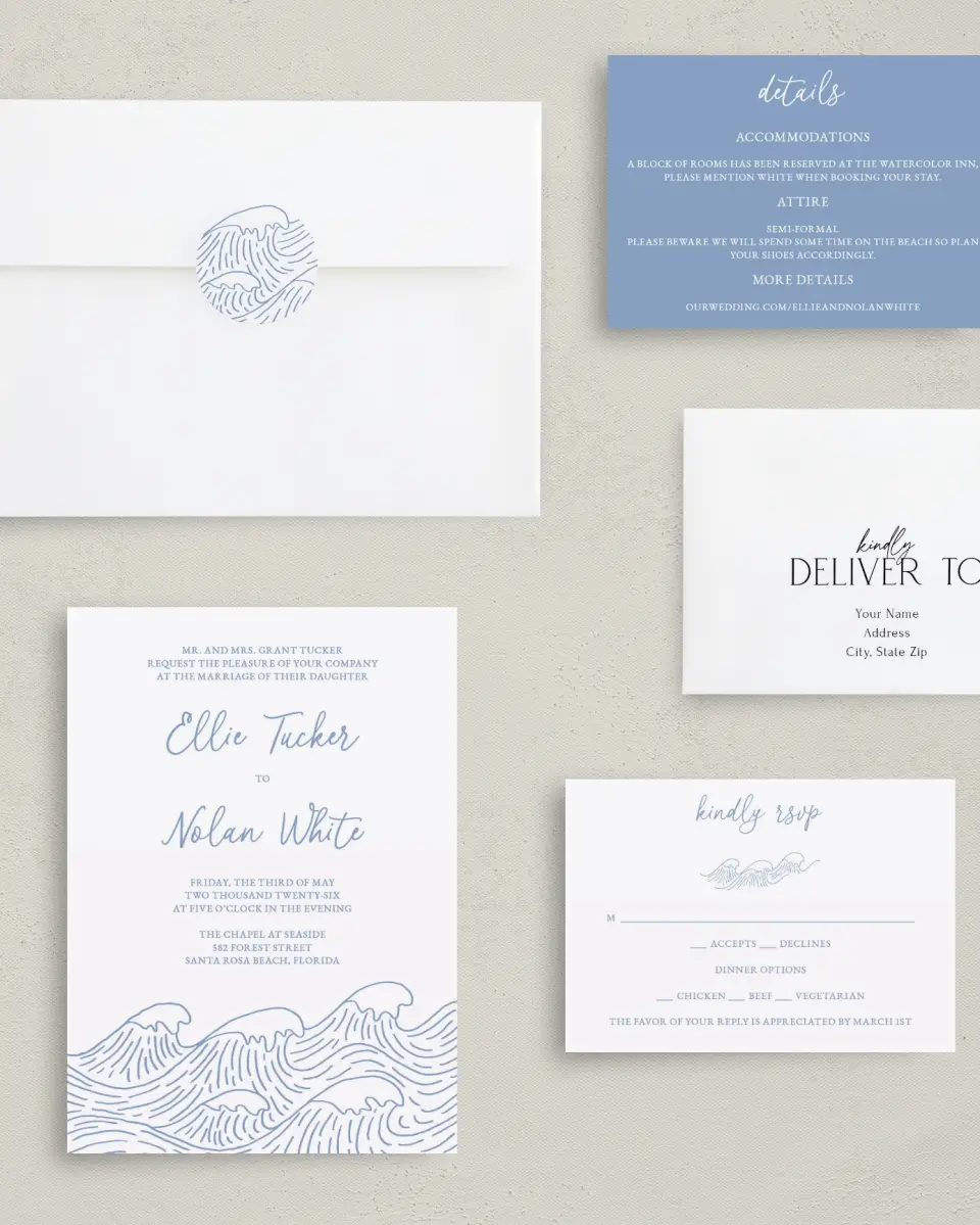 This is a 5" x 7" Classic Wedding Invitation called Wave of Love printed in full color with Silver foil on Luxe Satin (coated) paper