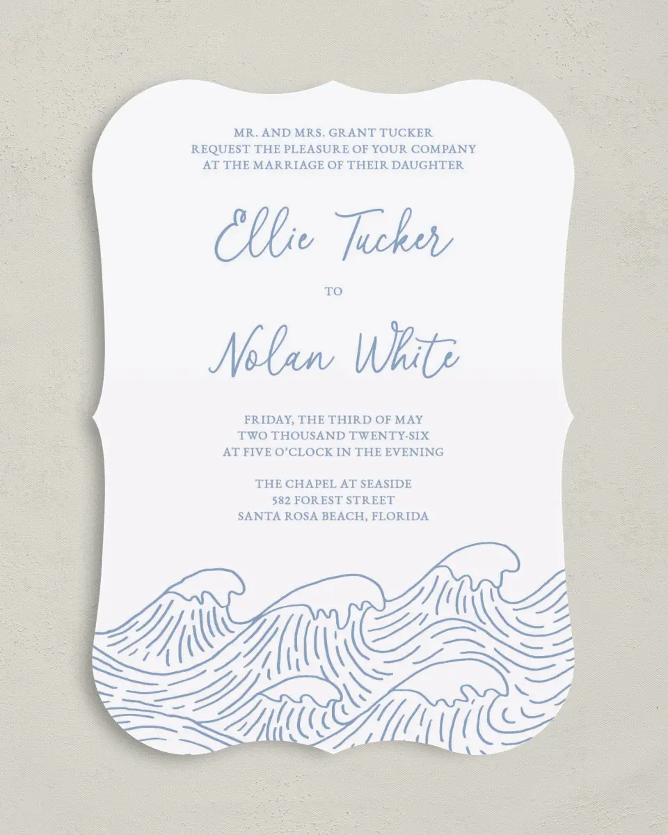 This is a 5" x 7" Bracket Wedding Invitation called Wave of Love printed in full color with Silver foil on Luxe Satin (coated) paper
