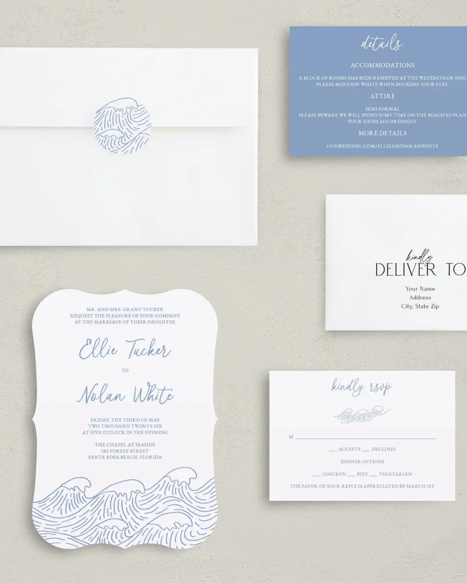 This is a 5" x 7" Bracket Wedding Invitation called Wave of Love printed in full color with Silver foil on Luxe Satin (coated) paper