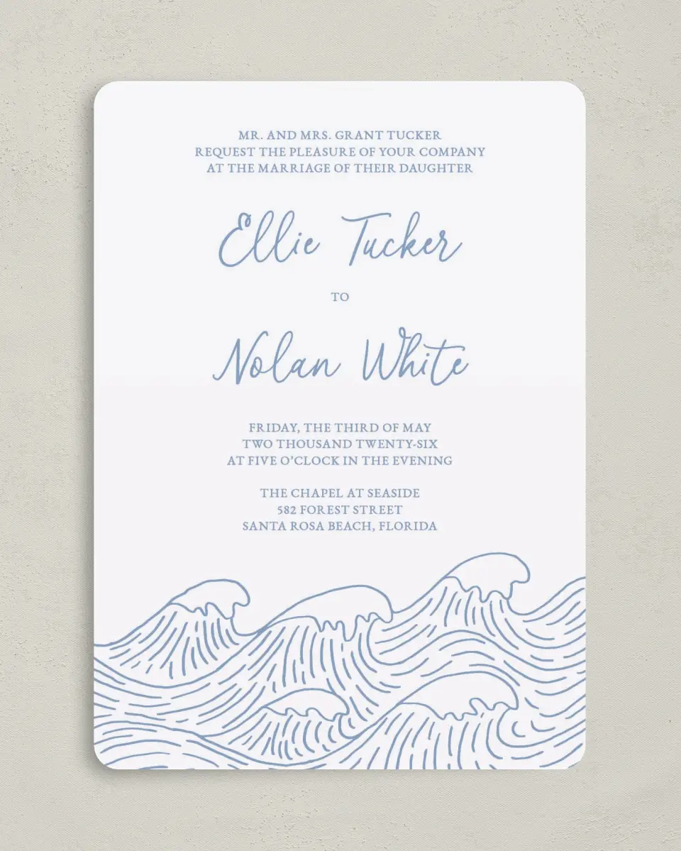 This is a 5" x 7" Rounded Wedding Invitation called Wave of Love printed in full color on Premium Smooth paper