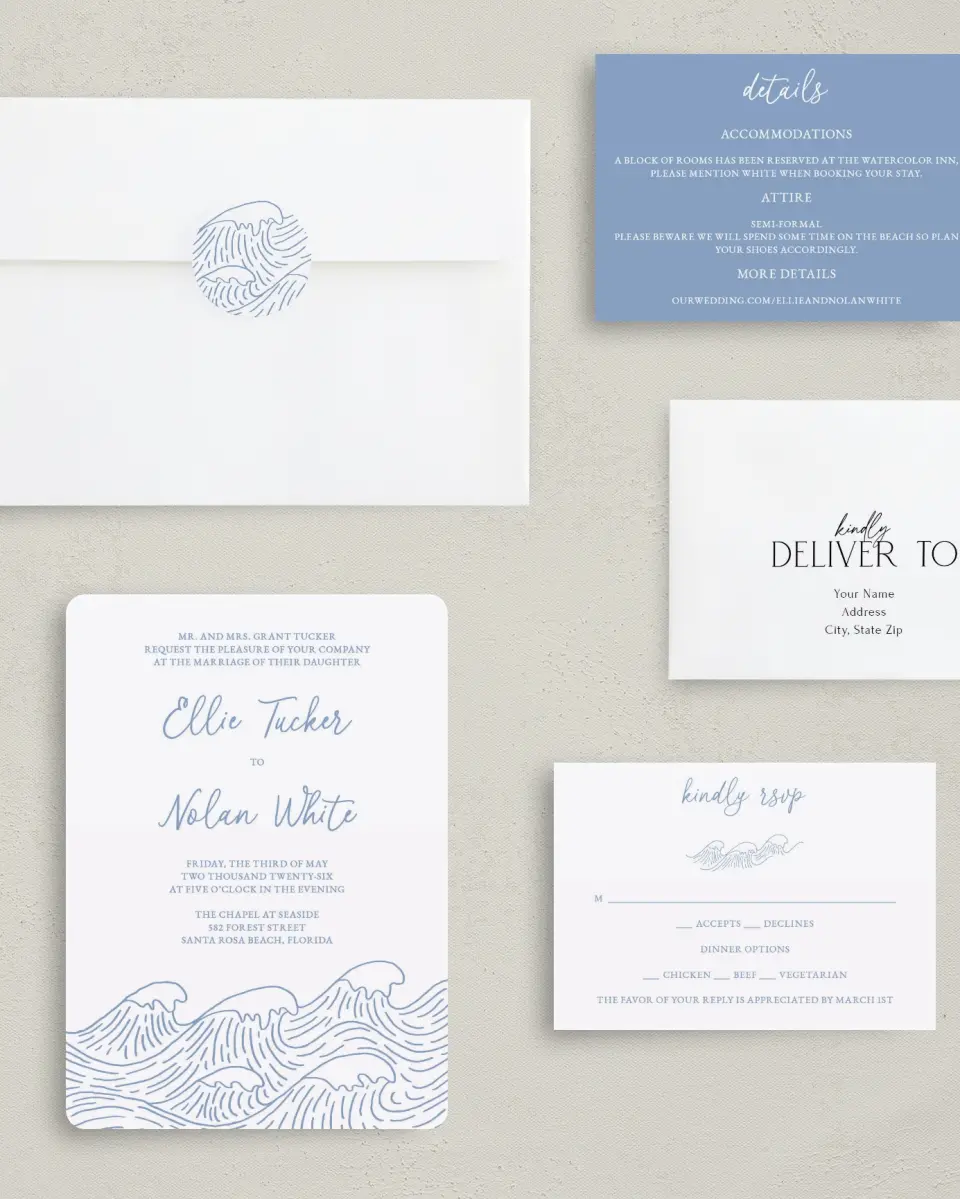 This is a 5" x 7" Rounded Wedding Invitation called Wave of Love printed in full color with Rose Gold foil on Luxe Satin (coated) paper