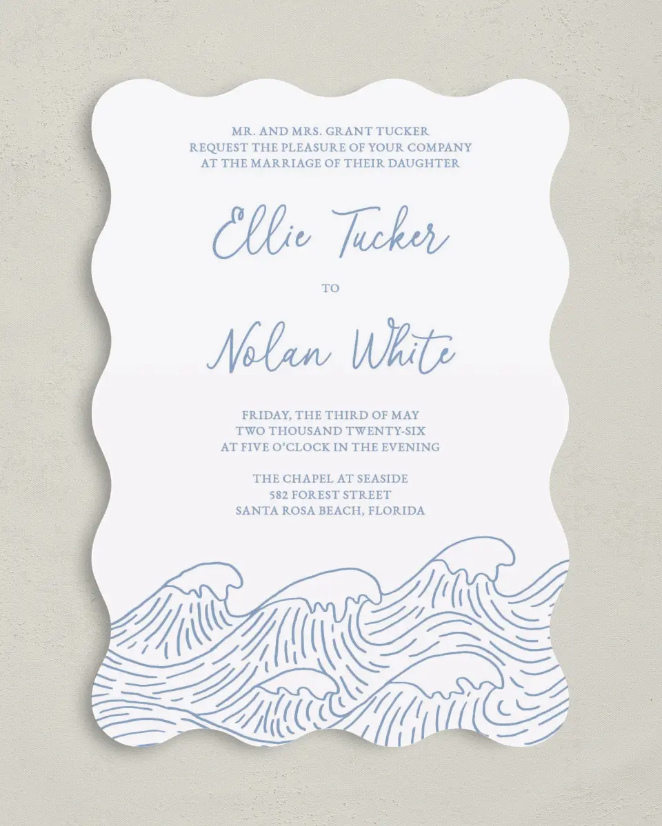 This is a 5" x 7" Wavy Wedding Invitation called Wave of Love printed in full color with Gold foil on Luxe Satin (coated) paper