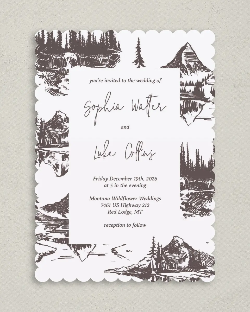 This is a 5" x 7" Classic Wedding Invitation called Mountain Bliss printed in full color on Premium Smooth paper