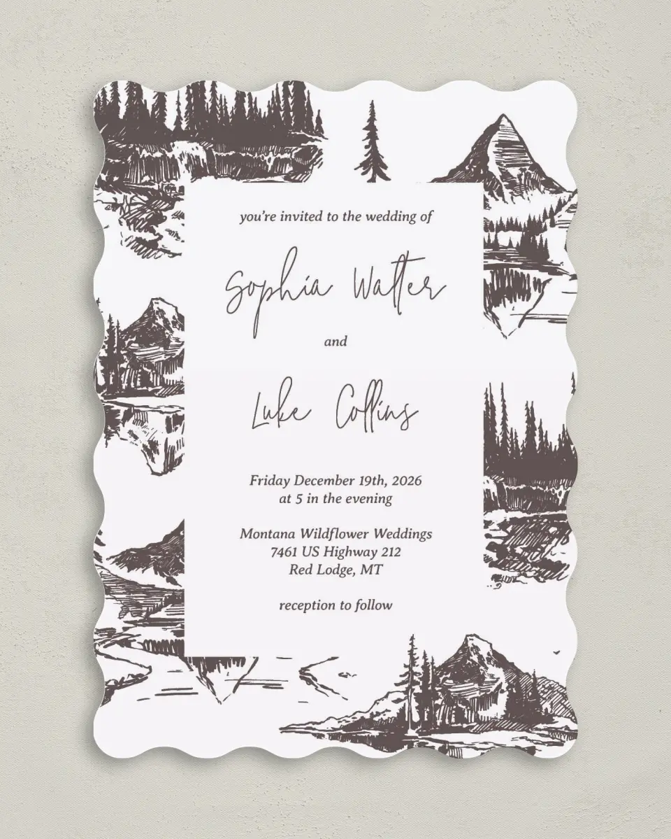 This is a 5" x 7" Wavy Wedding Invitation called Mountain Bliss printed in full color on Premium Smooth paper