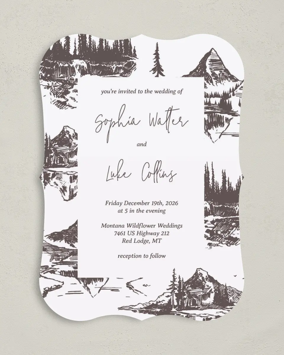 This is a 5" x 7" Bracket Wedding Invitation called Mountain Bliss printed in full color on Premium Smooth paper