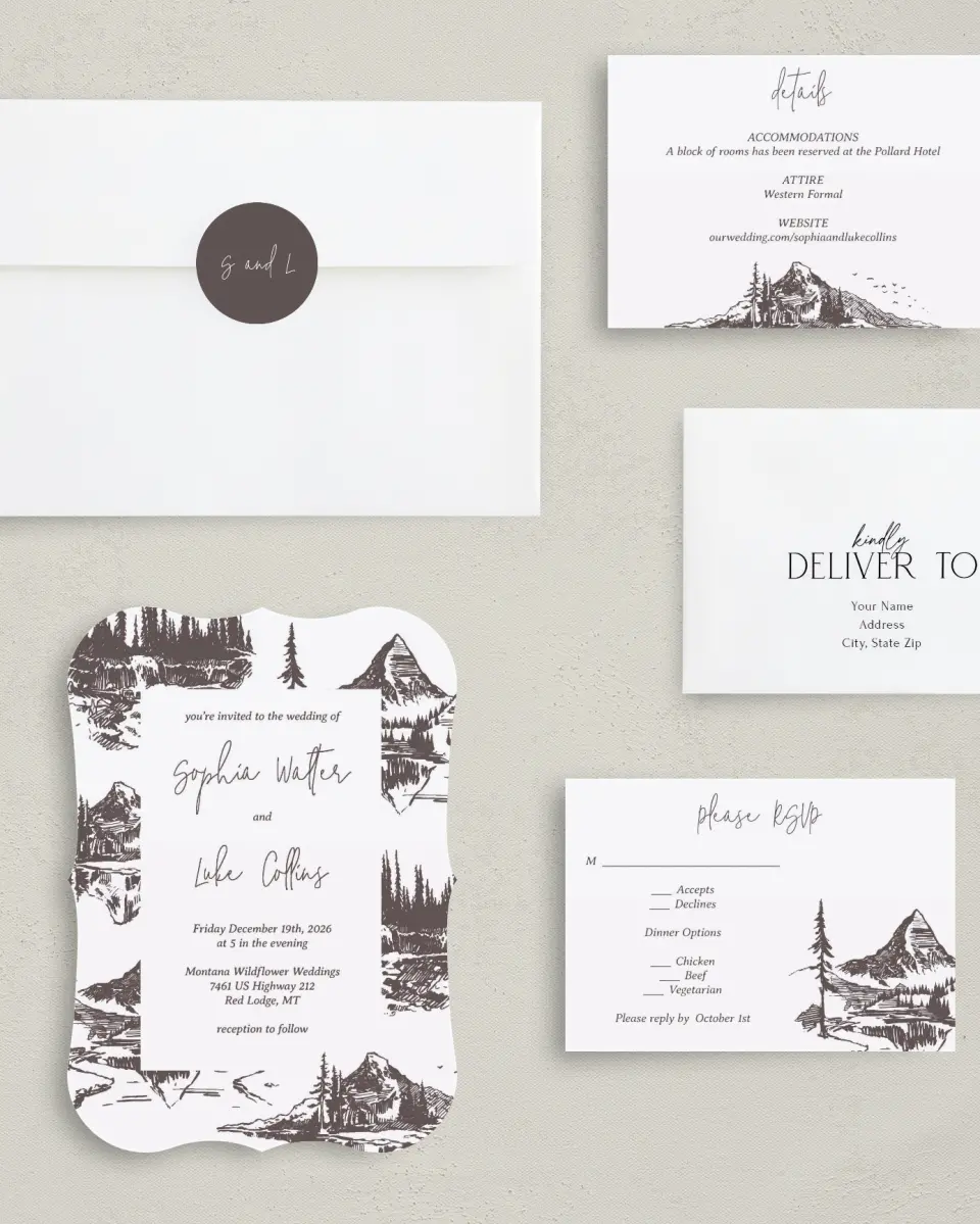 This is a 5" x 7" Bracket Wedding Invitation called Mountain Bliss printed in full color with Silver foil on Luxe Satin (coated) paper