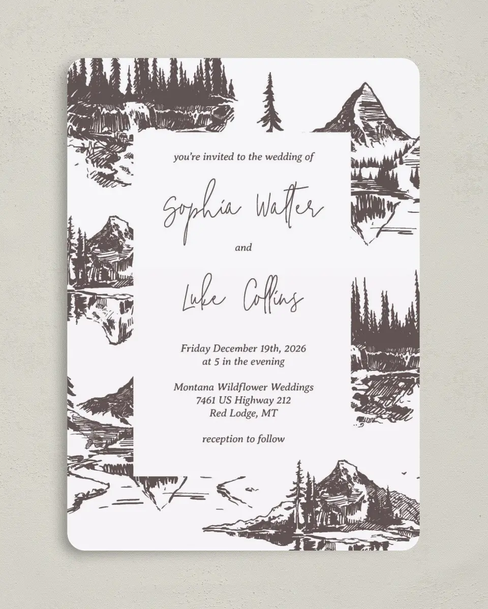 This is a 5" x 7" Rounded Wedding Invitation called Mountain Bliss printed in full color on Premium Smooth paper