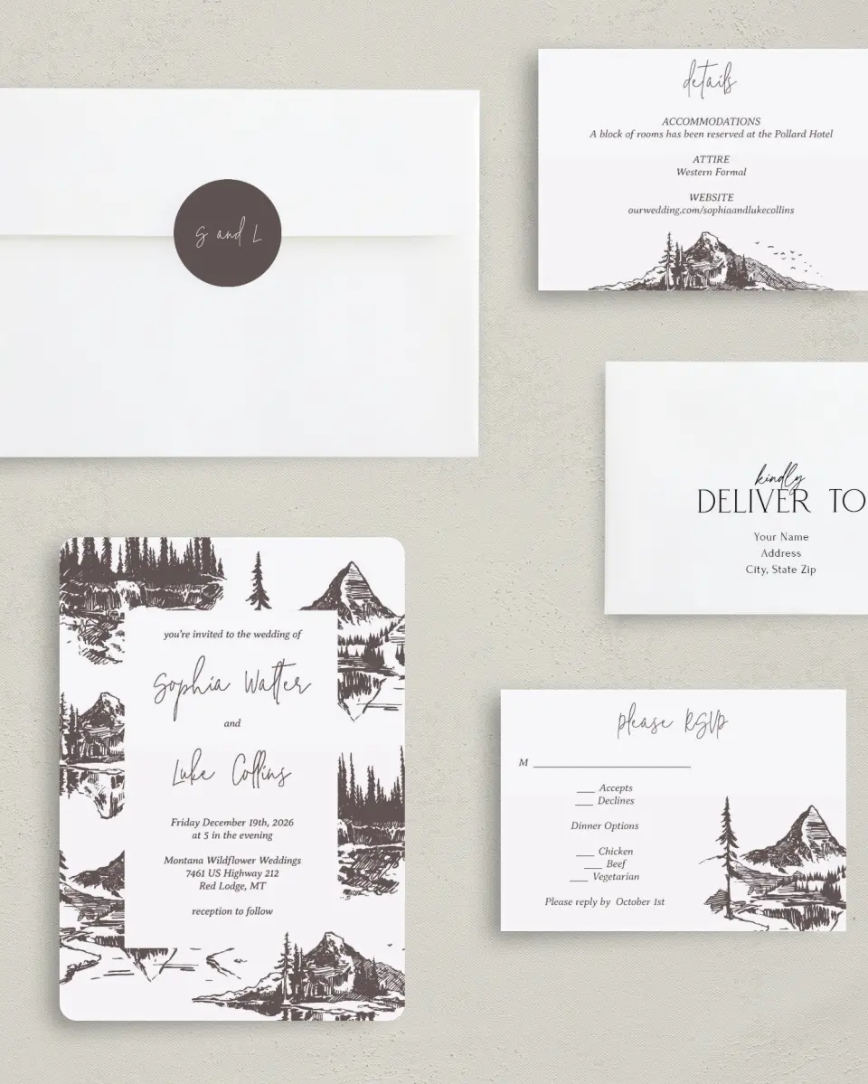 This is a 5" x 7" Rounded Wedding Invitation called Mountain Bliss printed in full color with Silver foil on Luxe Satin (coated) paper