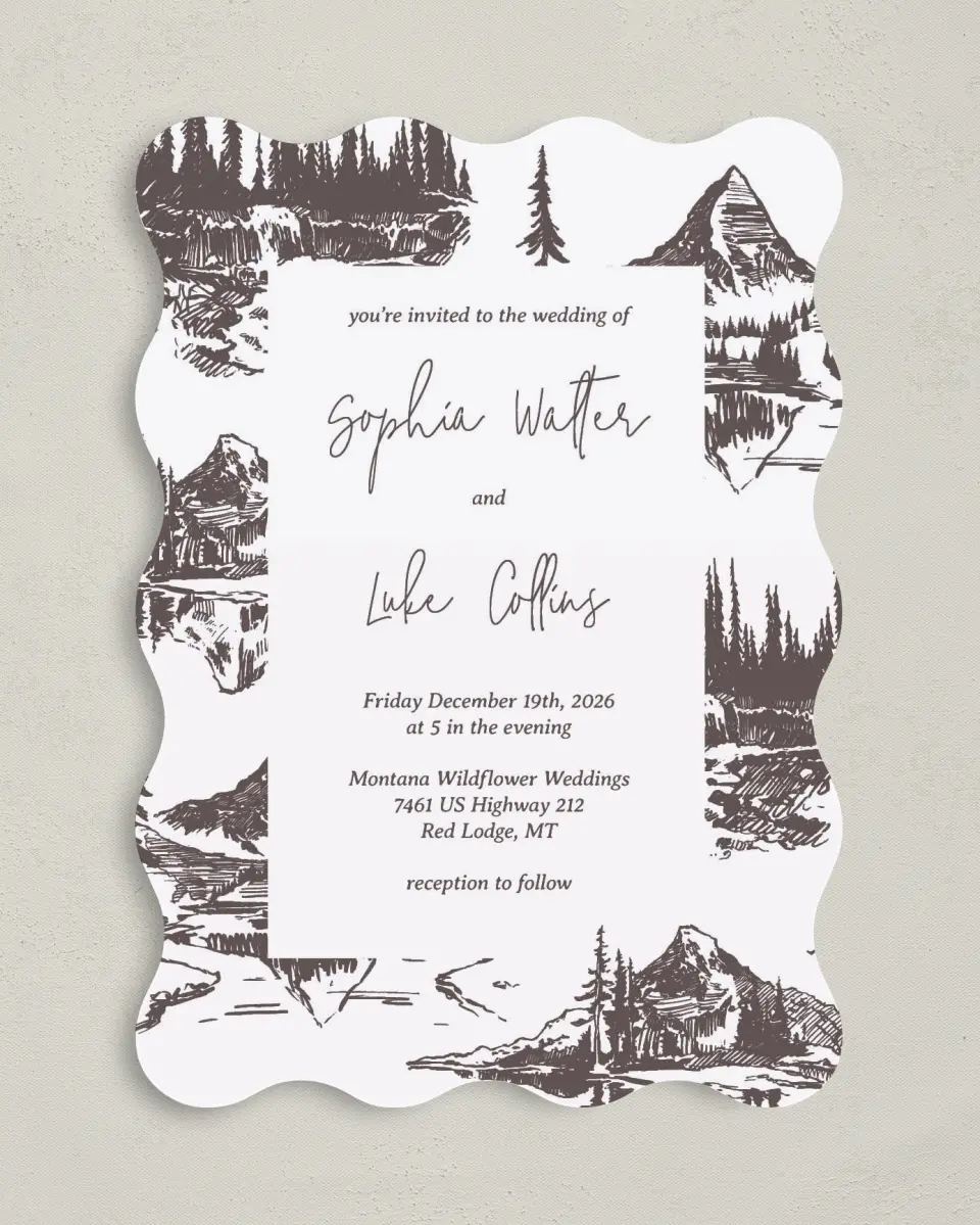This is a 5" x 7" Wavy Wedding Invitation called Mountain Bliss printed in full color on Premium Smooth paper