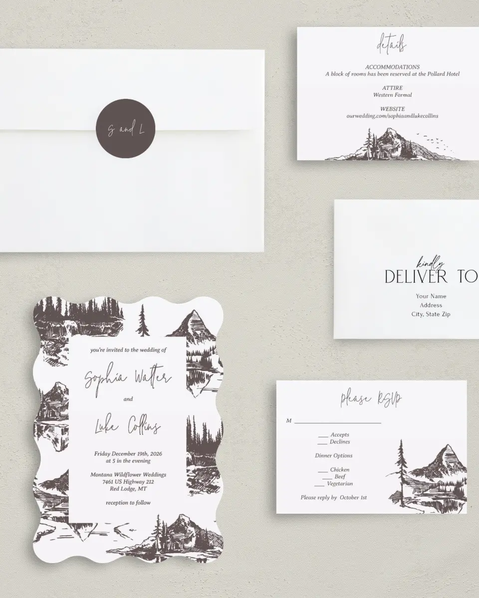 This is a 5" x 7" Wavy Wedding Invitation called Mountain Bliss printed in full color with Silver foil on Luxe Satin (coated) paper