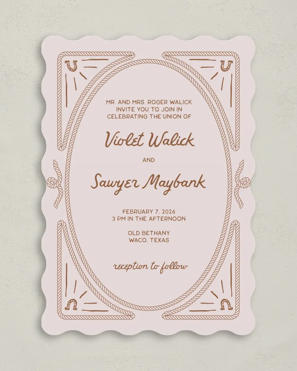 This is a 5" x 7" Wavy Wedding Invitation called Western Whimsy printed in full color on Premium Smooth paper