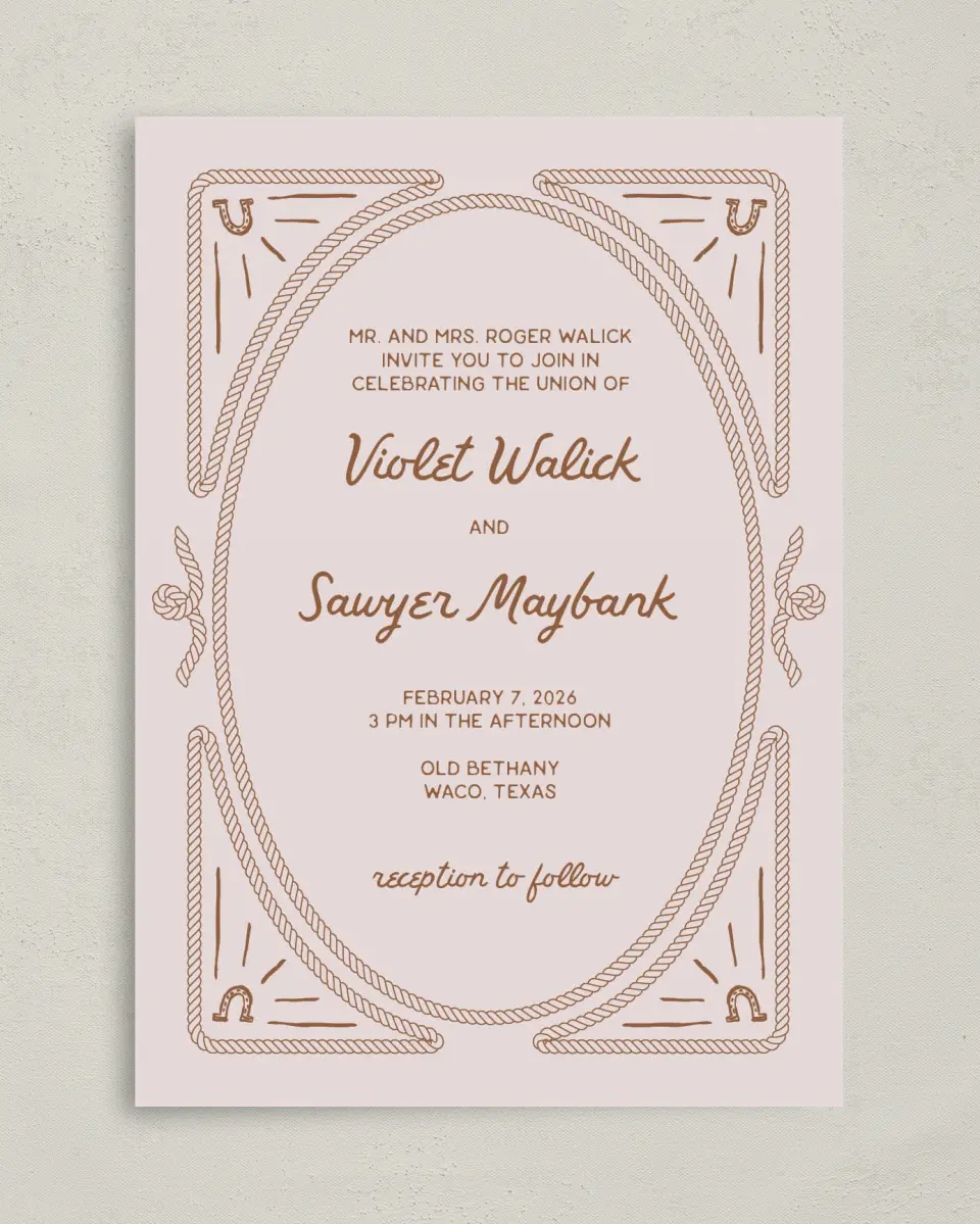 This is a 5" x 7" Classic Wedding Invitation called Western Whimsy printed in full color on Premium Smooth paper