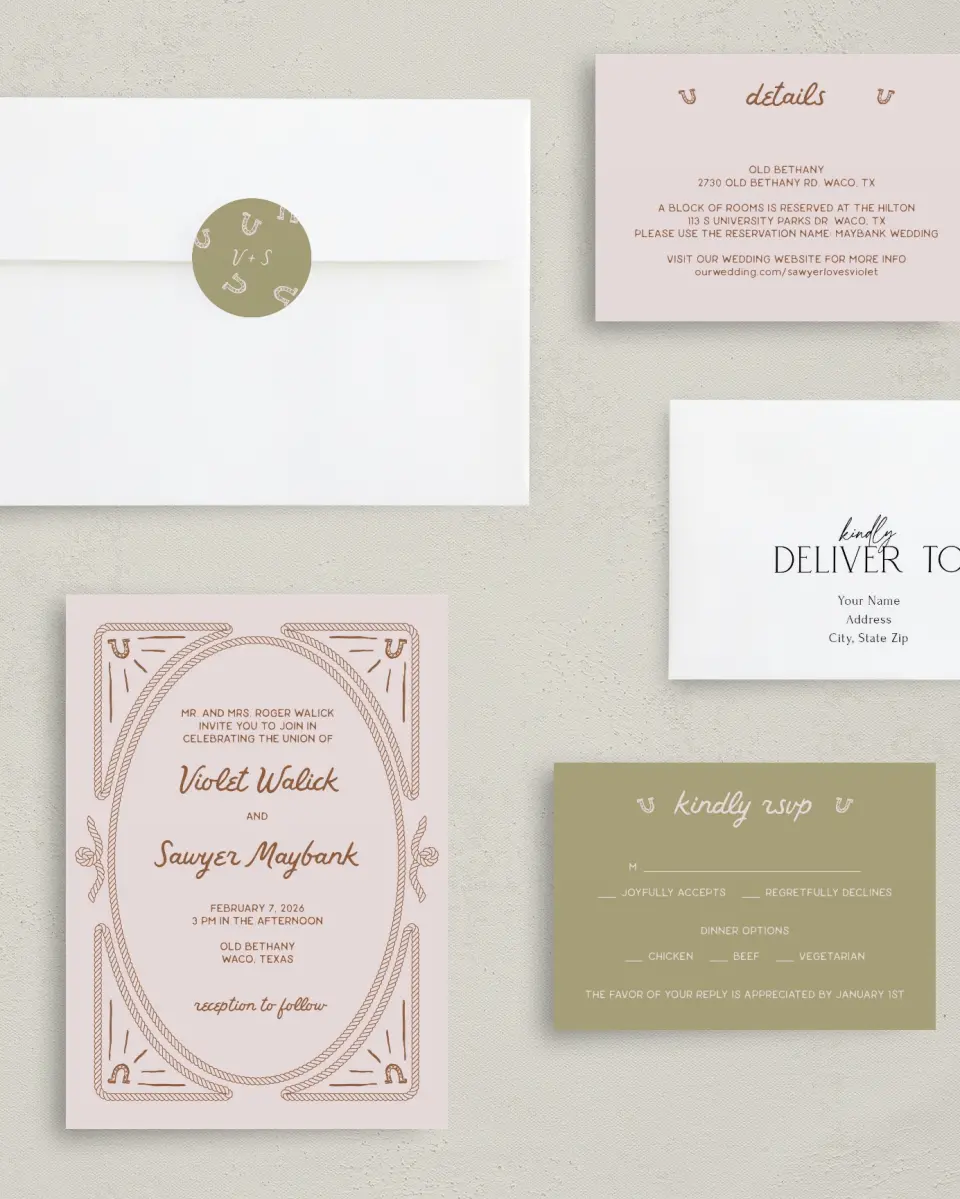 This is a 5" x 7" Classic Wedding Invitation called Western Whimsy printed in full color with Silver foil on Luxe Satin (coated) paper