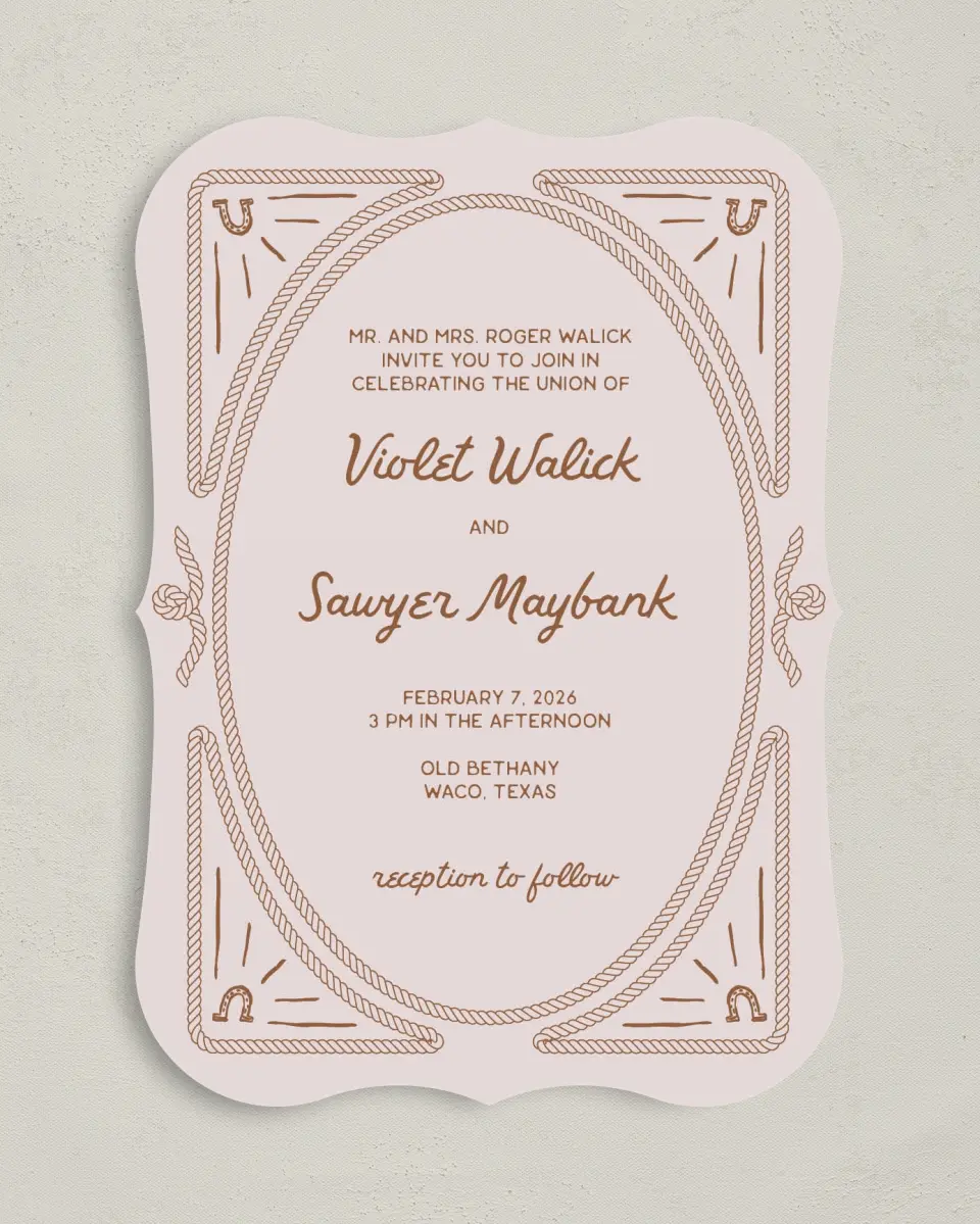This is a 5" x 7" Bracket Wedding Invitation called Western Whimsy printed in full color on Premium Smooth paper