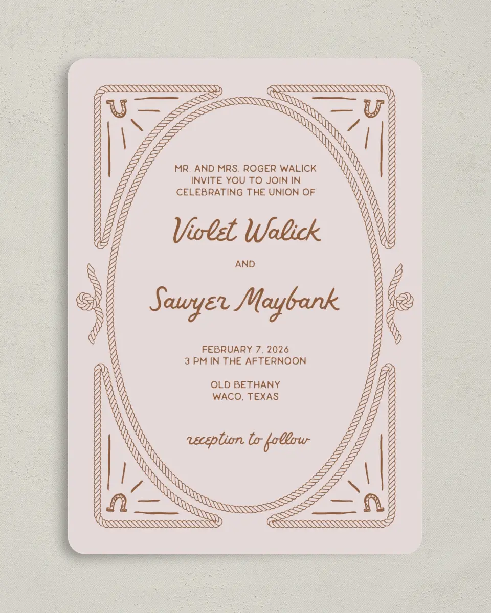This is a 5" x 7" Rounded Wedding Invitation called Western Whimsy printed in full color on Premium Smooth paper