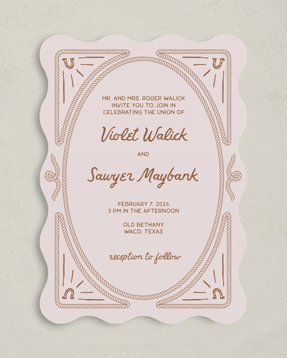 This is a 5" x 7" Wavy Wedding Invitation called Western Whimsy printed in full color on Premium Smooth paper