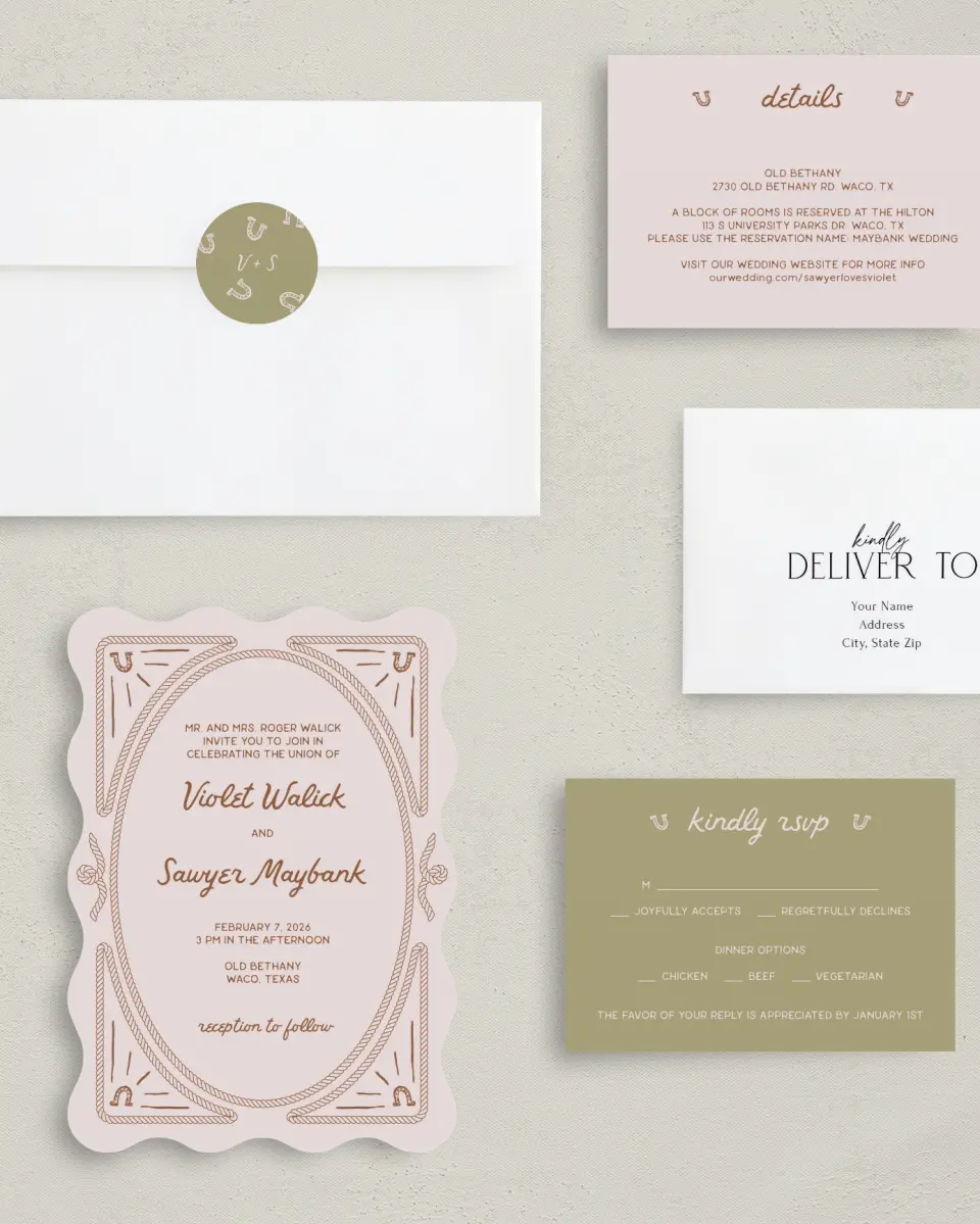 This is a 5" x 7" Wavy Wedding Invitation called Western Whimsy printed in full color with Silver foil on Luxe Satin (coated) paper