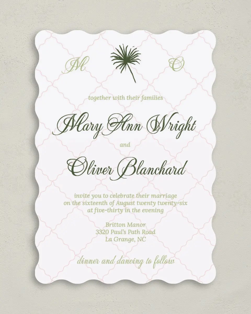 This is a 5" x 7" Wavy Wedding Invitation called Palm Paradise printed in full color on Premium Smooth paper
