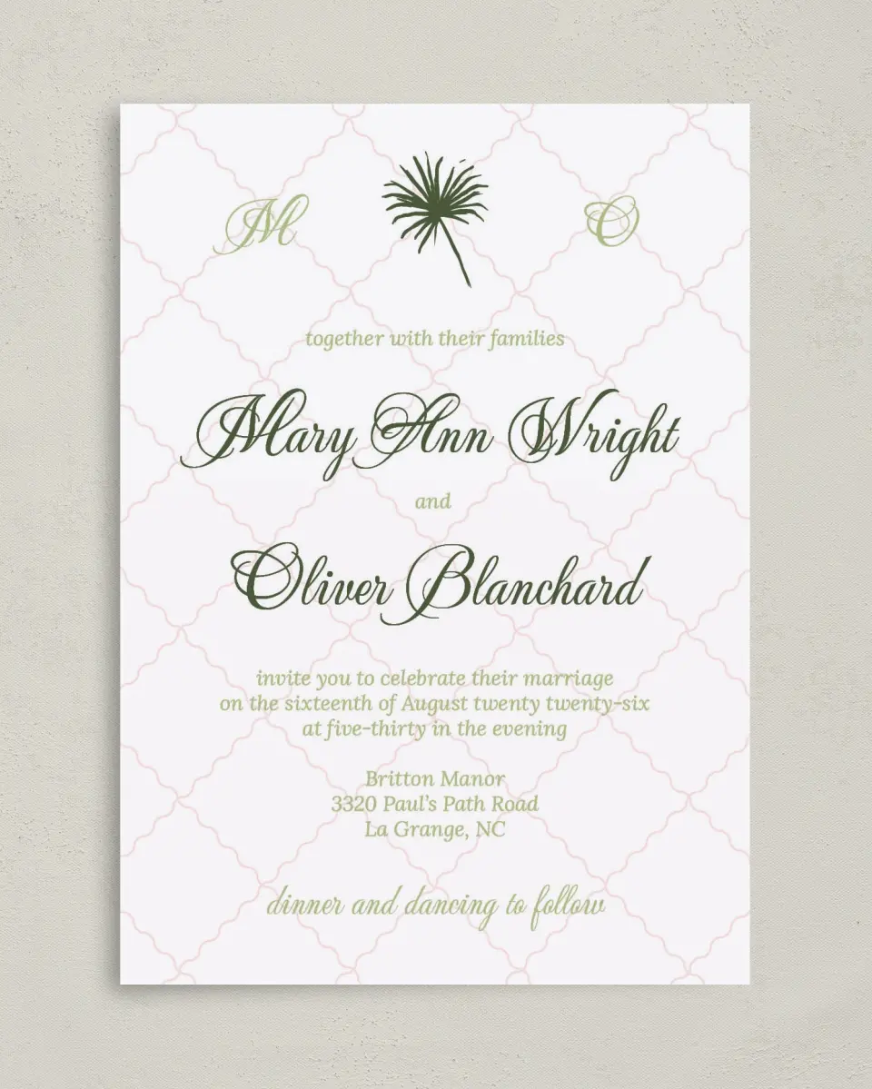 This is a 5" x 7" Classic Wedding Invitation called Palm Paradise printed in full color on Premium Smooth paper