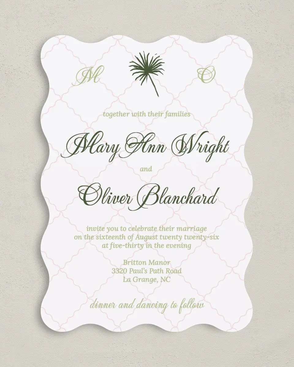 This is a 5" x 7" Wavy Wedding Invitation called Palm Paradise printed in full color on Premium Smooth paper